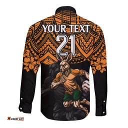 Cusrom Australia Wallabies Rugby Long Sleeve Button Shirt Hibiscus and Turtle With Polynesian Pattern
