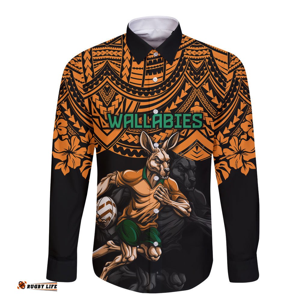 Cusrom Australia Wallabies Rugby Long Sleeve Button Shirt Hibiscus and Turtle With Polynesian Pattern