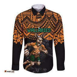 Cusrom Australia Wallabies Rugby Long Sleeve Button Shirt Hibiscus and Turtle With Polynesian Pattern
