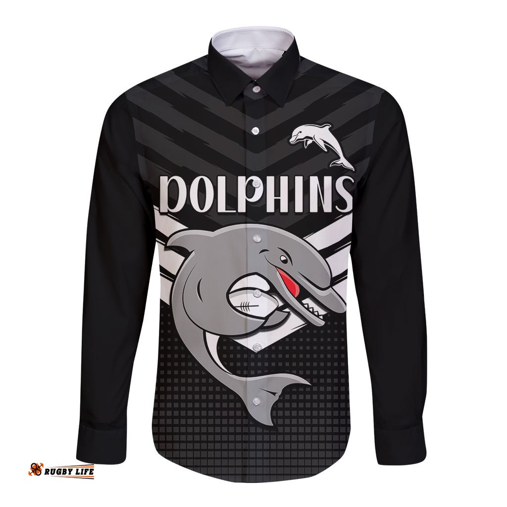 Redcliffe Dolphins Rugby Long Sleeve Button Shirt Simple Black Style