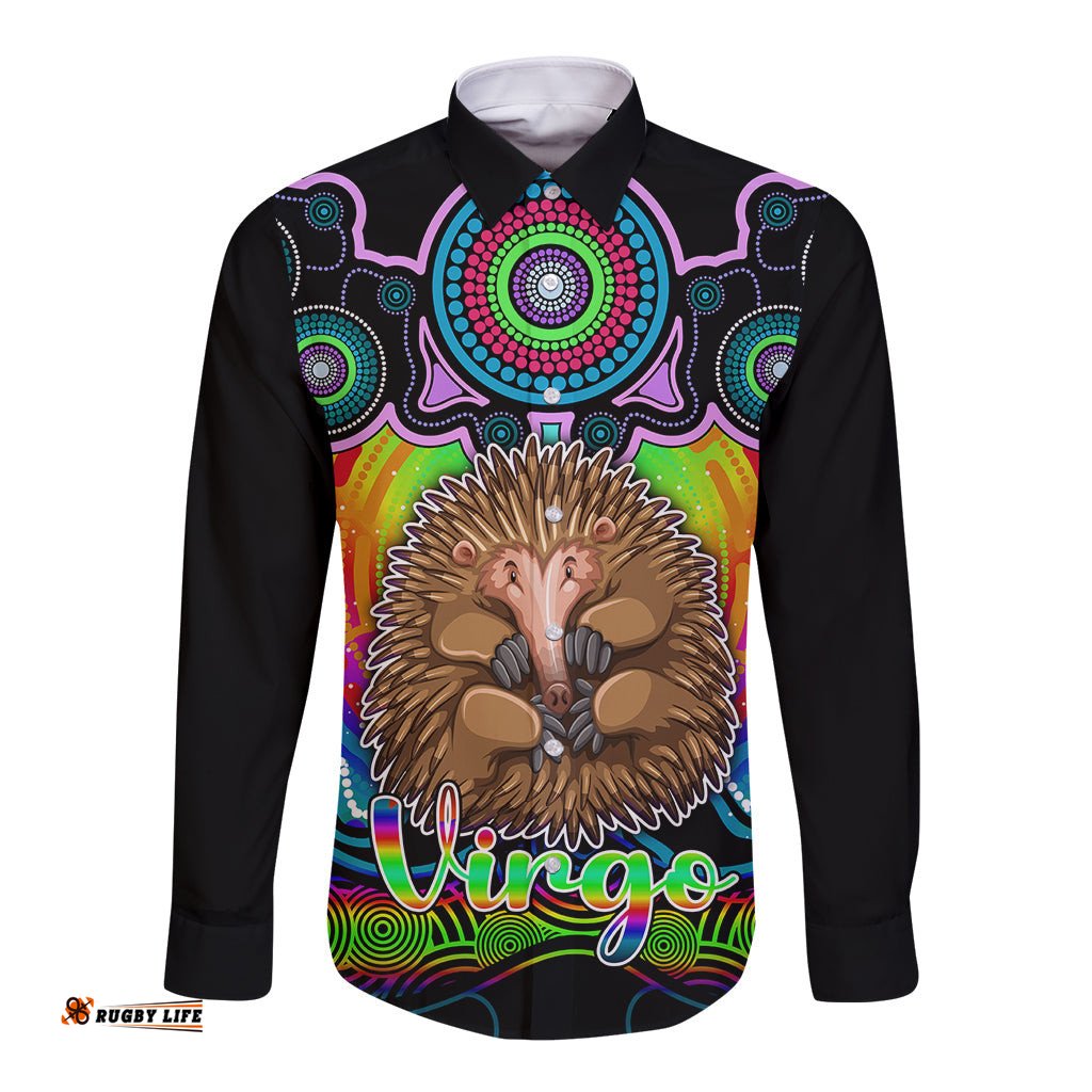 Personalised Australia Virgo Echidna Zodiac Long Sleeve Button Shirt Auz Astrology Aboriginal - Rainbow