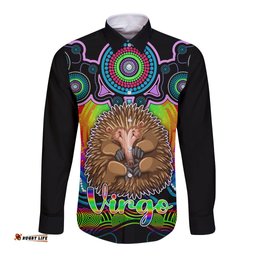 Personalised Australia Virgo Echidna Zodiac Long Sleeve Button Shirt Auz Astrology Aboriginal - Rainbow