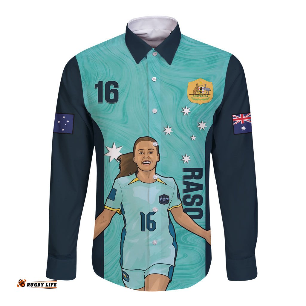 Australia Soccer Long Sleeve Button Shirt Raso Matildas Turquoise Version