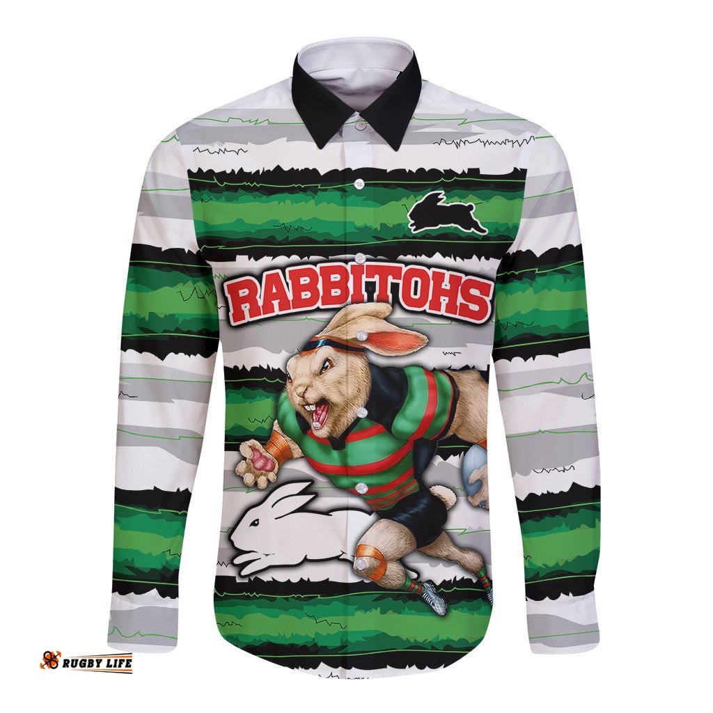 Custom Rabbitohs Mascot Rugby Long Sleeve Button Shirt The Souths Go Champions