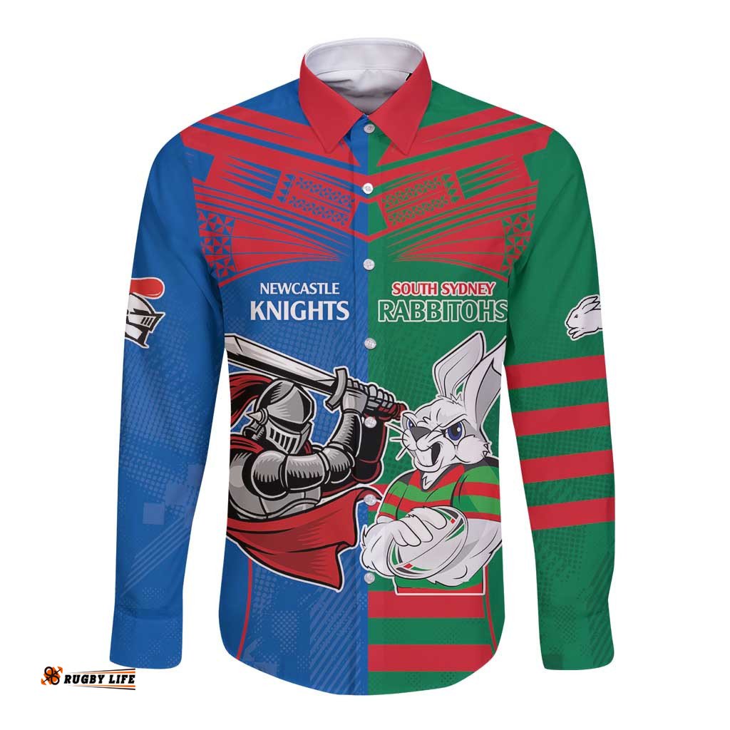 Custom Knights and Rabbitohs Mascot Together Long Sleeve Button Shirt