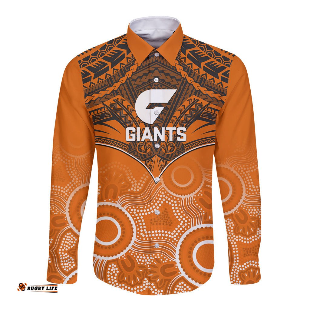 Giants Football Long Sleeve Button Shirt GWS Aboriginal Mix Polynesian Pattern