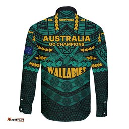 Wallabies Rugby Long Sleeve Button Shirt Polynesian and Aboriginal Special Green Version