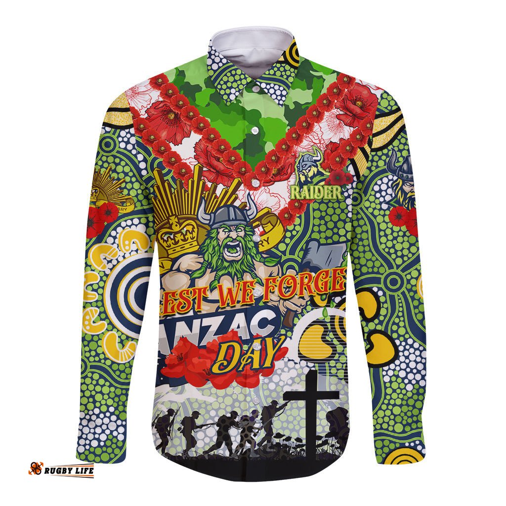 Personalised Raiders ANZAC Day Long Sleeve Button Shirt Aboriginal Rising Sun