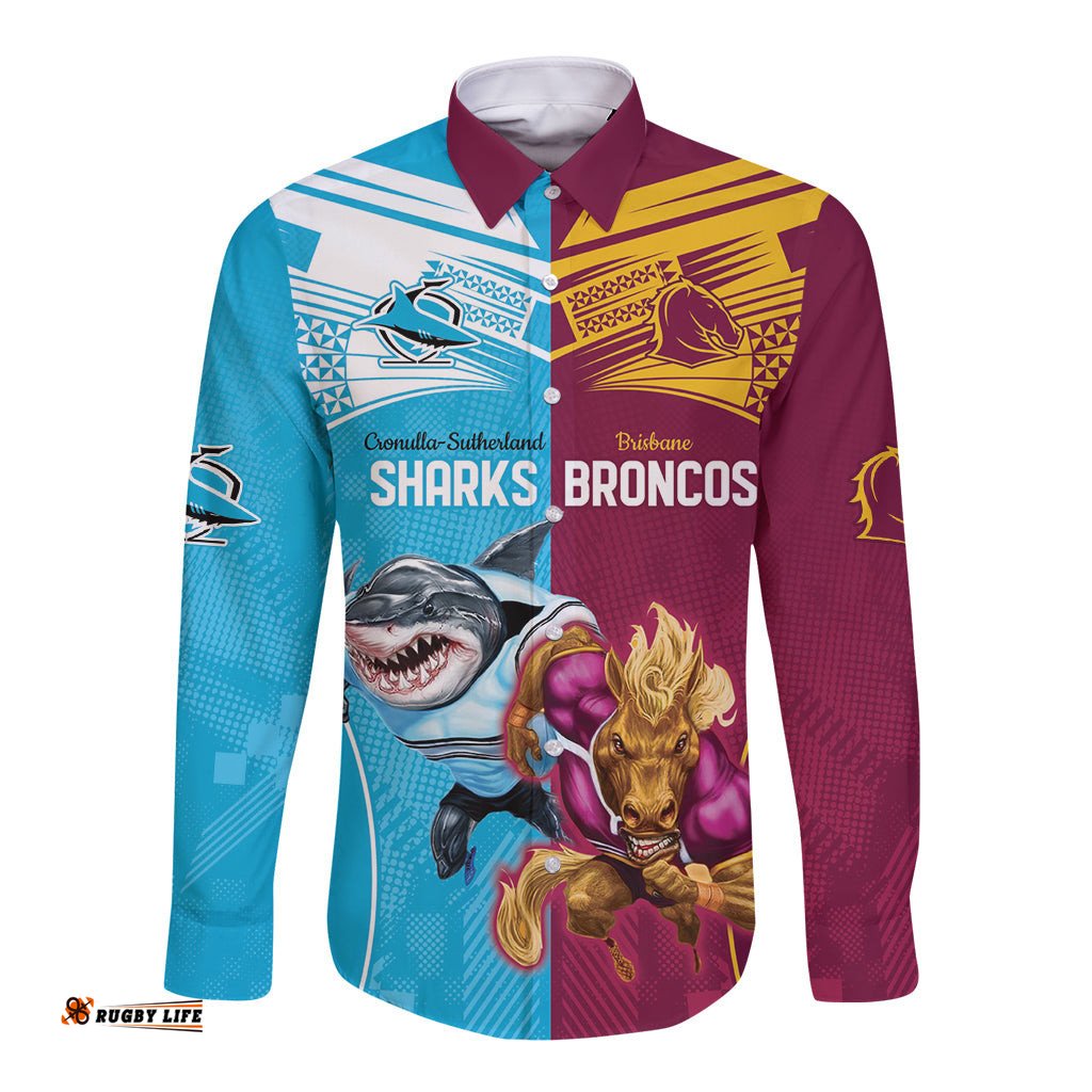 Custom Broncos and Sharks Long Sleeve Button Shirt Sporty Style