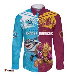 Custom Broncos and Sharks Long Sleeve Button Shirt Sporty Style