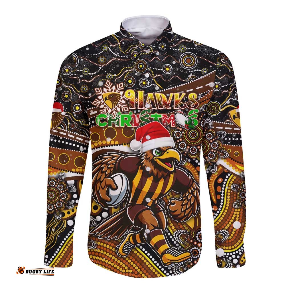 Merry Christmas AFL Hawks Long Sleeve Button Shirt Aboriginal Santa Football Mascot