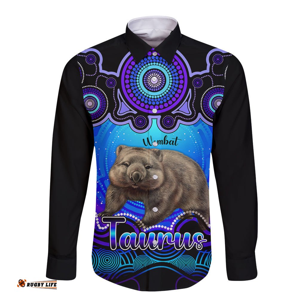 Personalised Australia Taurus Wombat Zodiac Long Sleeve Button Shirt Auz Astrology Aboriginal Blue