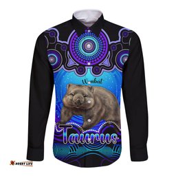 Personalised Australia Taurus Wombat Zodiac Long Sleeve Button Shirt Auz Astrology Aboriginal Blue