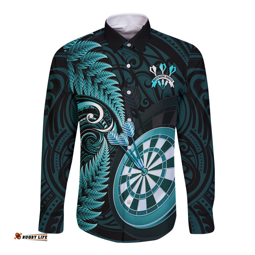 Personalised New Zealand Darts Long Sleeve Button Shirt Happiness Is A Tight Threesome Maori Turquoise