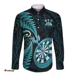 Personalised New Zealand Darts Long Sleeve Button Shirt Happiness Is A Tight Threesome Maori Turquoise