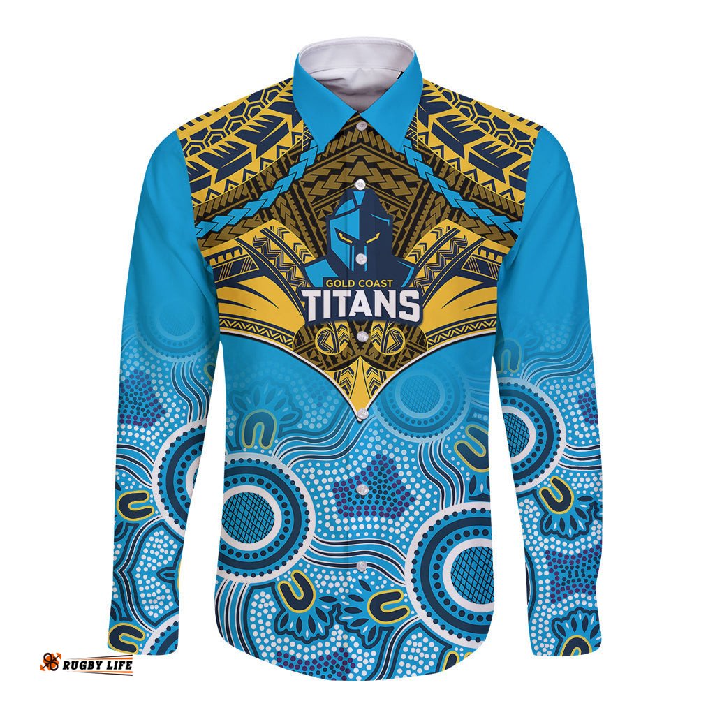 Titans Rugby Long Sleeve Button Shirt Aboriginal Mix Polynesian Pattern