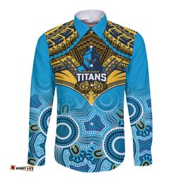 Titans Rugby Long Sleeve Button Shirt Aboriginal Mix Polynesian Pattern