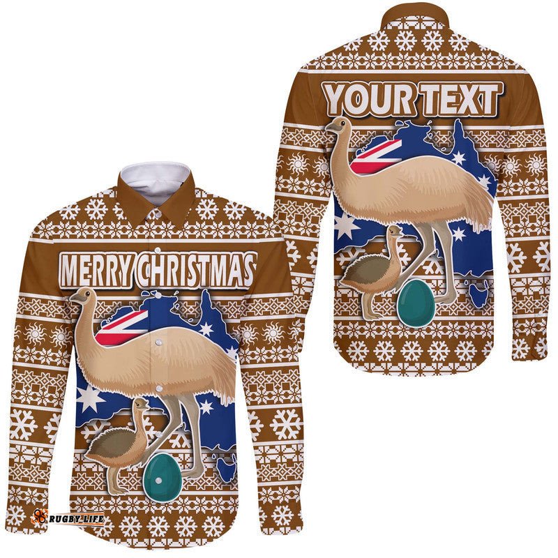 Custom Personalised Australian Emu Christmas Vibe With Aboriginal Dot Painting Style Hawaii Long Sleeve Button Shirt