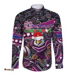 Merry Christmas Manly Warringah Sea Eagles Long Sleeve Button Shirt Aboriginal Santa Rugby Mascot - Silvertails