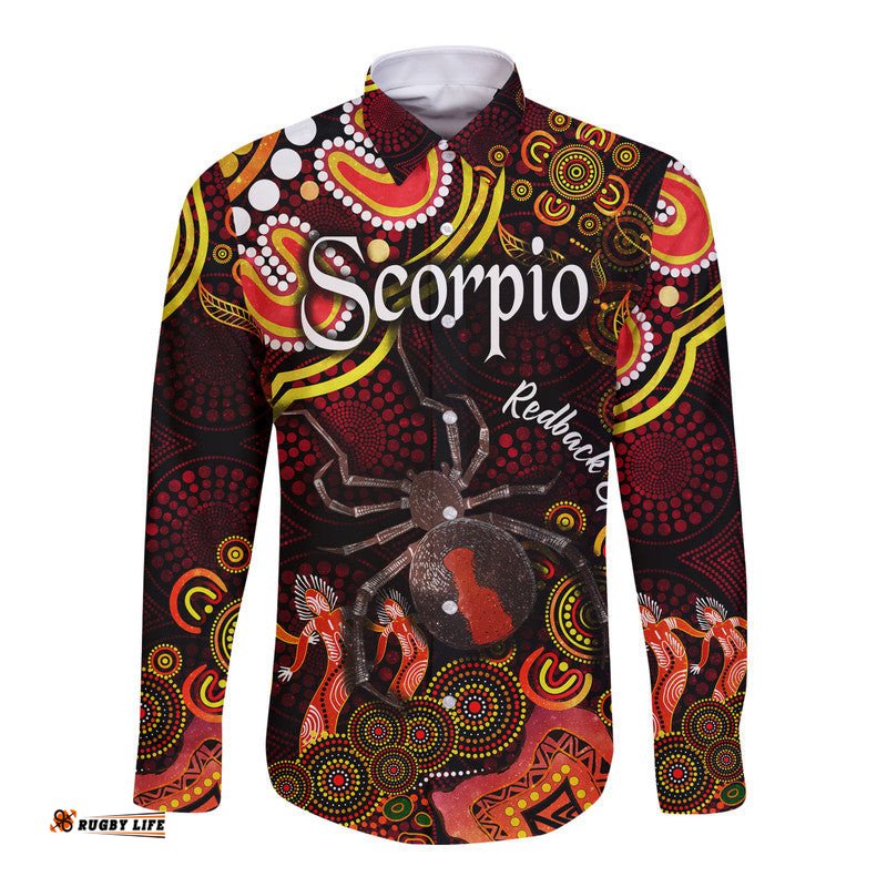 Custom Personalised Australian Astrology Hawaii Long Sleeve Button Shirt Scorpio Redback Spider Zodiac Aboriginal Vibes Red