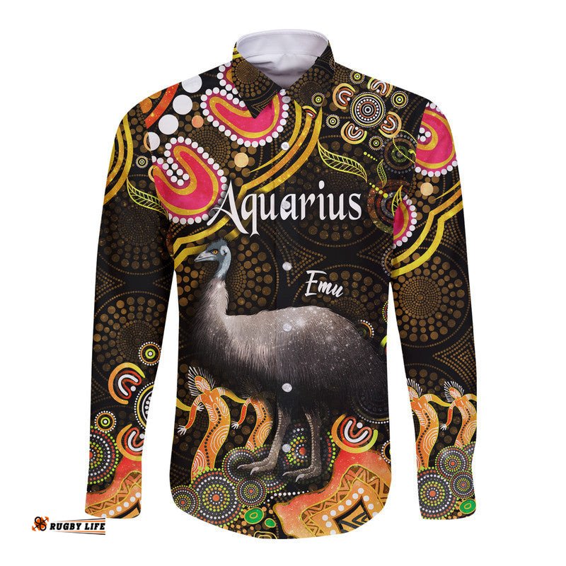 Australian Astrology Hawaii Long Sleeve Button Shirt Aquarius Emu Glider Zodiac Aboriginal Vibes Gold