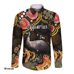 Australian Astrology Hawaii Long Sleeve Button Shirt Aquarius Emu Glider Zodiac Aboriginal Vibes Gold