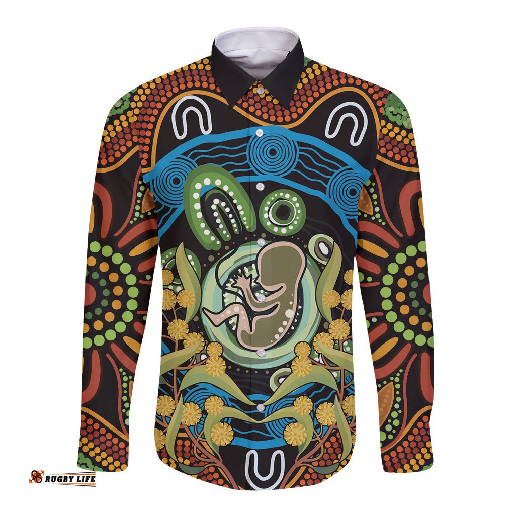 Baby in the Womb Long Sleeve Button Shirt Aboriginal Art Style