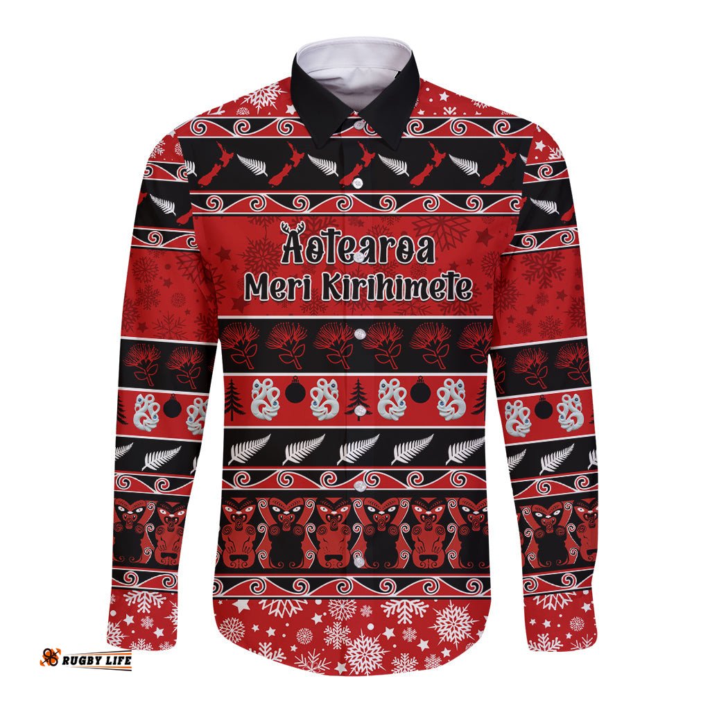 Personalised New Zealand Christmas Long Sleeve Button Shirt Aotearoa Kiwi Meri Kirihimete Red Version