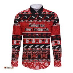 Personalised New Zealand Christmas Long Sleeve Button Shirt Aotearoa Kiwi Meri Kirihimete Red Version
