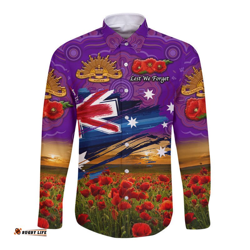 Custom Personalised Australia Aboriginal ANZAC Hawaii Long Sleeve Button Shirt Poppy Vibes Purple