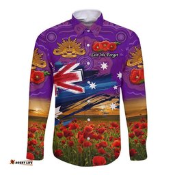 Custom Personalised Australia Aboriginal ANZAC Hawaii Long Sleeve Button Shirt Poppy Vibes Purple