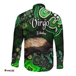 Australian Astrology Hawaii Long Sleeve Button Shirt Virgo Echidna Zodiac Aboriginal Vibes Green