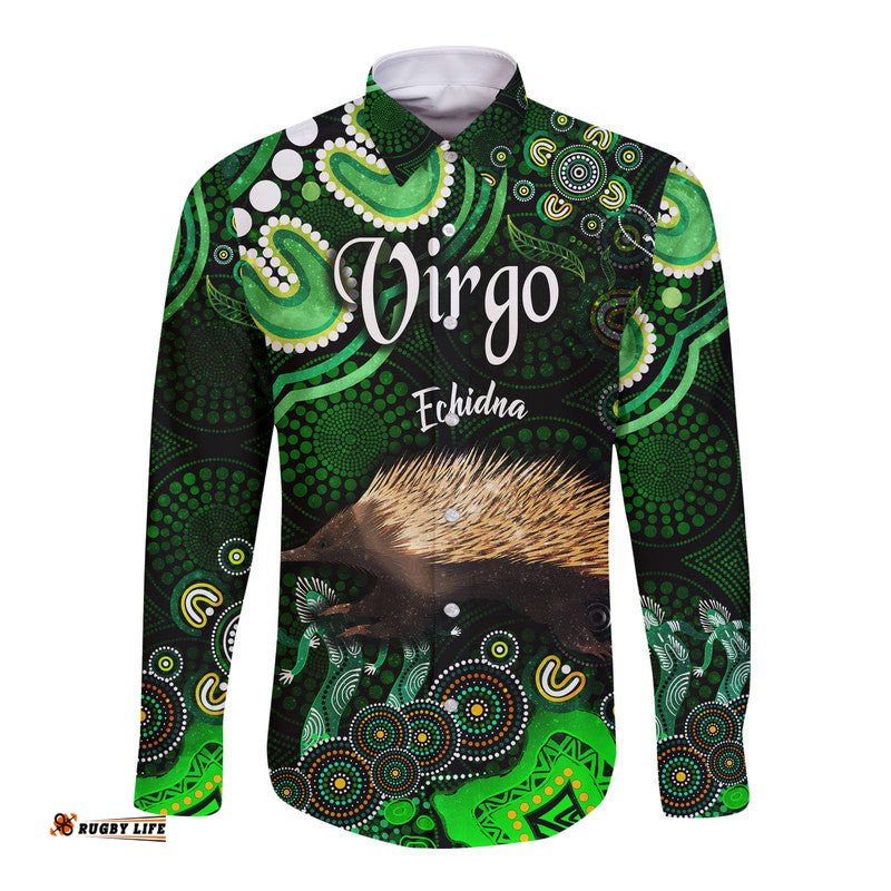 Australian Astrology Hawaii Long Sleeve Button Shirt Virgo Echidna Zodiac Aboriginal Vibes Green