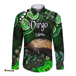 Australian Astrology Hawaii Long Sleeve Button Shirt Virgo Echidna Zodiac Aboriginal Vibes Green