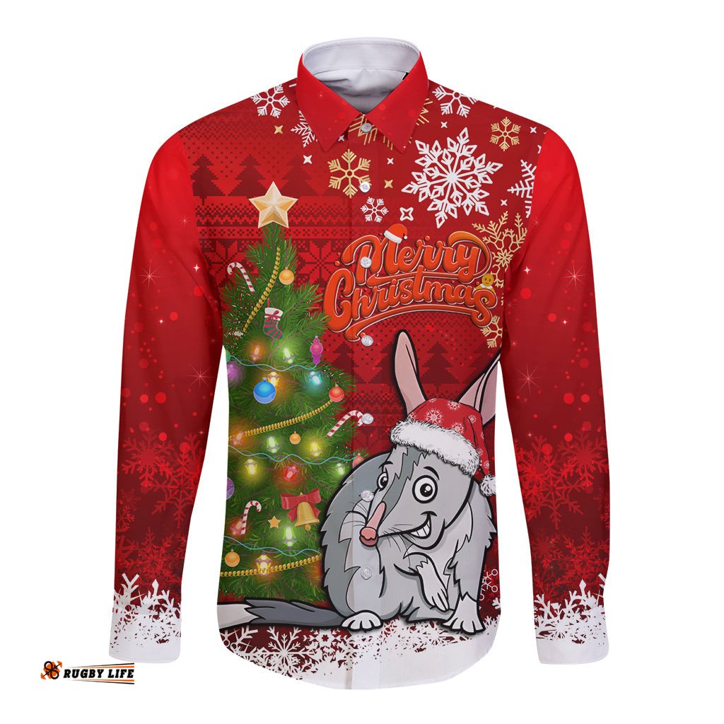 Australia Christmas Long Sleeve Button Shirt Aussie Bilby Santa Merry Xmas