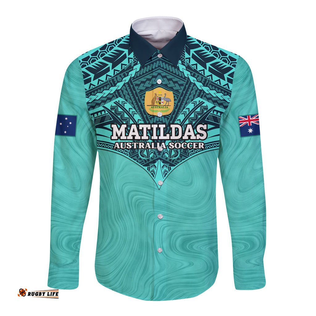 Custom Australia Matildas Long Sleeve Button Shirt Polynesian Mix Turquoise Marble