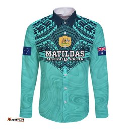Custom Australia Matildas Long Sleeve Button Shirt Polynesian Mix Turquoise Marble