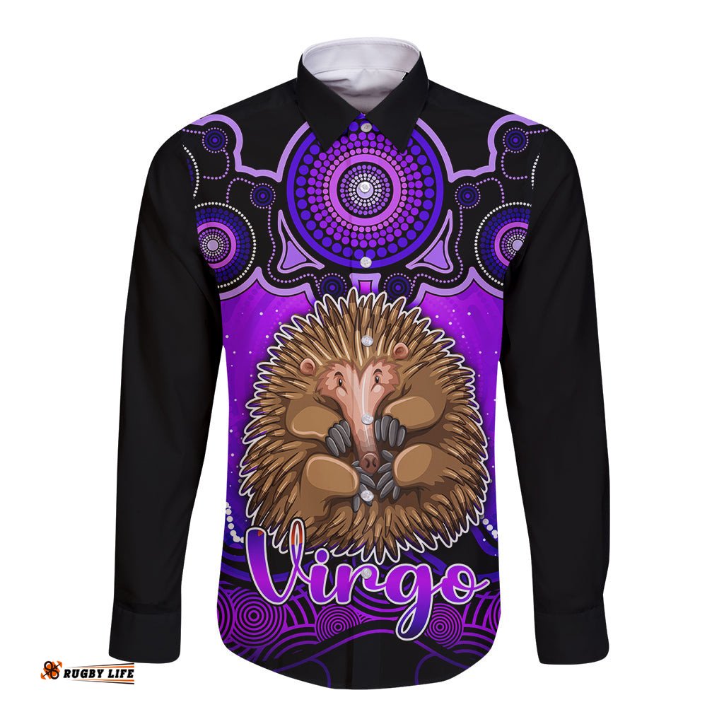 Personalised Australia Virgo Echidna Zodiac Long Sleeve Button Shirt Auz Astrology Aboriginal Purple