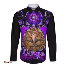 Personalised Australia Virgo Echidna Zodiac Long Sleeve Button Shirt Auz Astrology Aboriginal Purple