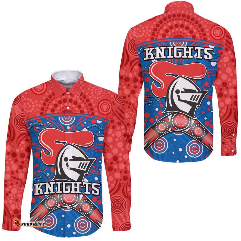 Knights Rugby Hawaii Long Sleeve Button Shirt Novocastrians Boomerang Indigenous Dots