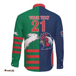 Custom Roosters-Rabbitohs Long Sleeve Button Shirt NRL Tribal Half Style