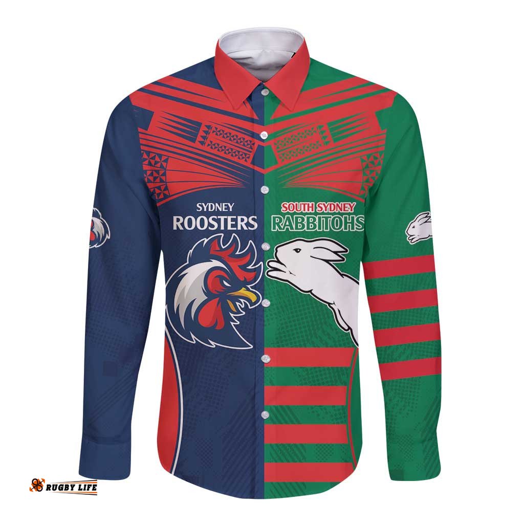 Custom Roosters-Rabbitohs Long Sleeve Button Shirt NRL Tribal Half Style