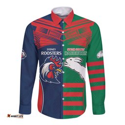 Custom Roosters-Rabbitohs Long Sleeve Button Shirt NRL Tribal Half Style