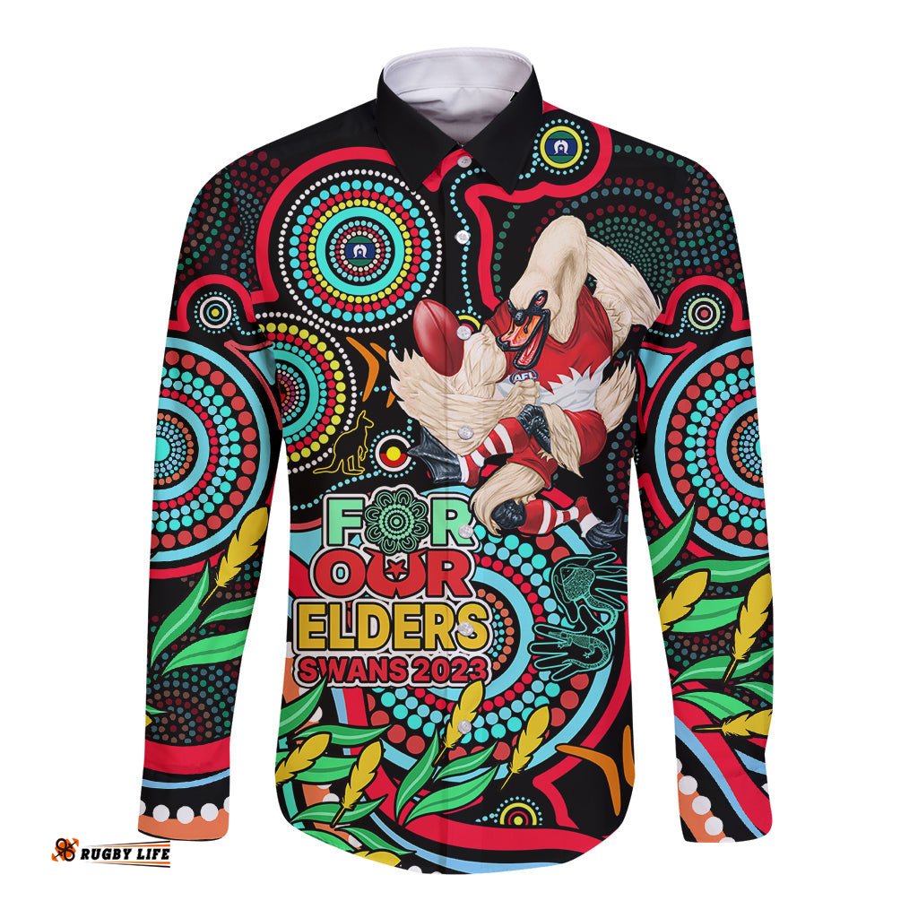 Swans Football Aboriginal Art Long Sleeve Button Shirt NAIDOC Indigenous Tribal