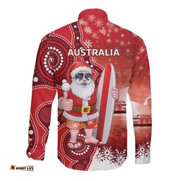 Christmas In July Australia Long Sleeve Button Shirt Santa Surfboard Sydney Opera House Red