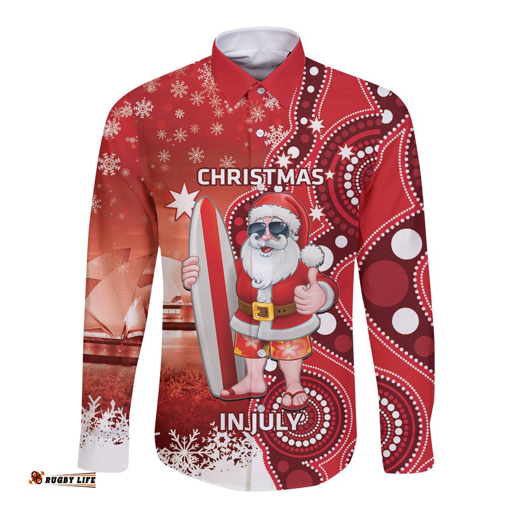 Christmas In July Australia Long Sleeve Button Shirt Santa Surfboard Sydney Opera House Red