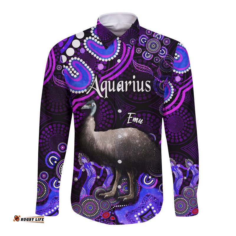 Custom Personalised Australian Astrology Hawaii Long Sleeve Button Shirt Aquarius Emu Glider Zodiac Aboriginal Vibes Purple