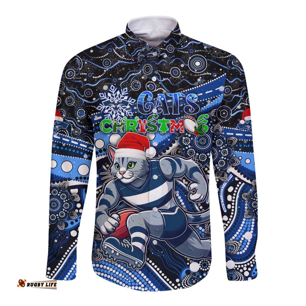 Merry Christmas AFL Cats Long Sleeve Button Shirt Aboriginal Santa Football Mascot