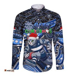 Merry Christmas AFL Cats Long Sleeve Button Shirt Aboriginal Santa Football Mascot
