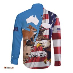 Personalised United States And Australia Long Sleeve Button Shirt USA Eagle With Aussie Kangaroo